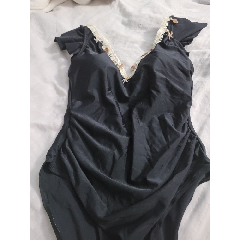 Black One Piece Swimsuit V-Neck Shell Starfish Charm Crochet Lace Ruched Medium